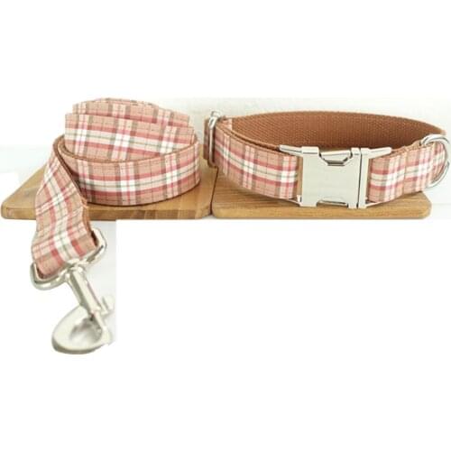 Customized Dog Collar Engraved Puppy ID Tag Leash Collar Set Adjustable Outdoor Plaid Pet Collar Leash Fabric THE ORANGE PLAID