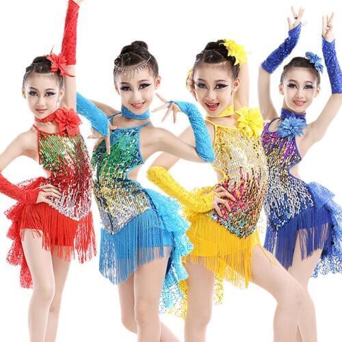 Girl Latin Dance Dress Sequins Latin Dress Costumes Child Dance Costume Latin Dance Dress For Girls Latin Dancing Dress