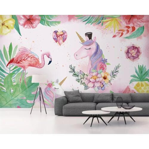 Beibehang Custom fashion wallpaper Nordic simple flamingo unicorn childrens room decoration background wall papers home decor