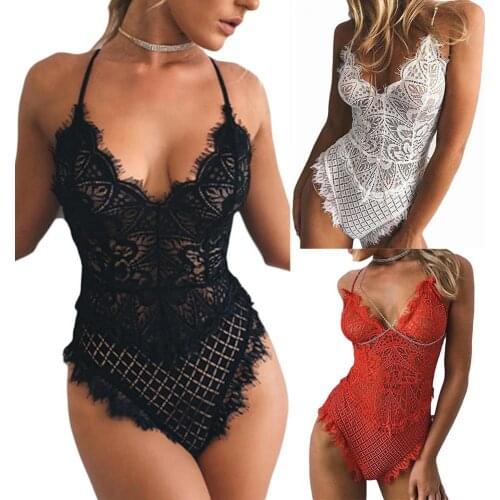 Dropshipping Women Sexy See-Through Deep-V Hollow Out Lace Bodysuit Strappy Erotic Underwear