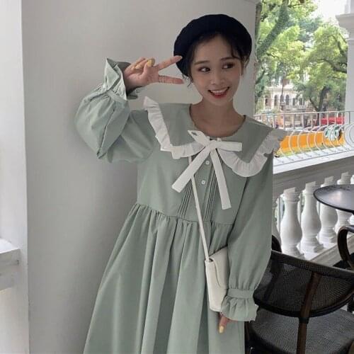 QWEEK Kawaii Peter Pan Collar Ruffle Lolita Dresses for Women 2021 Soft Girl Long Sleeve Midi Dress Korean Student Clothes Alt