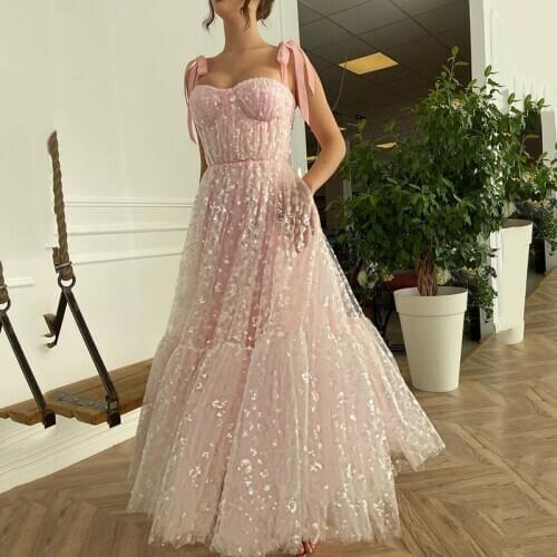 UZN Pink Prom Dress A-Line Sweetheart Sleeveless Sequined Lace Pleated Gowns Saudi Arabia Evening Dress With Pockets Custom made