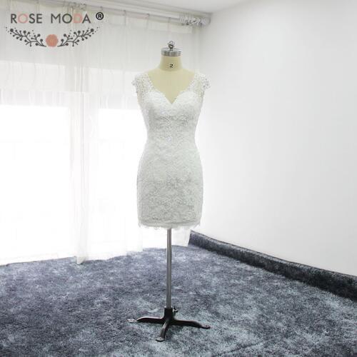 Rose Moda V Neck Short Beaded Lace Wedding Dress 2018 Custom Made
