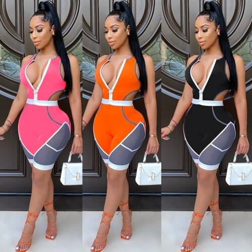 Sexy European and American slim fit zipper mesh see-through color block suit black , orange , pink , S, M, L , XL , 2XL