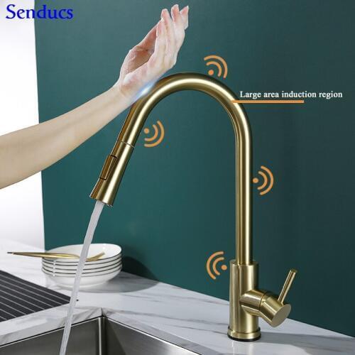Touch Gold Kitchen Faucet Senducs 304 Stainless Steel Sensor Kitchen Sink Faucet Brushed Gold Pull Out Kitchen Mixer Tap