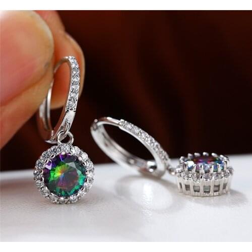 Vintage Rainbow Fire Zircon Round Hoop Earrings For Women Silver Color Gradient Stone Mystic Earring Female Wedding Jewelry