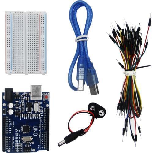 Starter Kit for Uno R3 - Bundle of 5 Items: Uno R3, Breadboard, Jumper Wires, USB Cable and 9V Battery Connector
