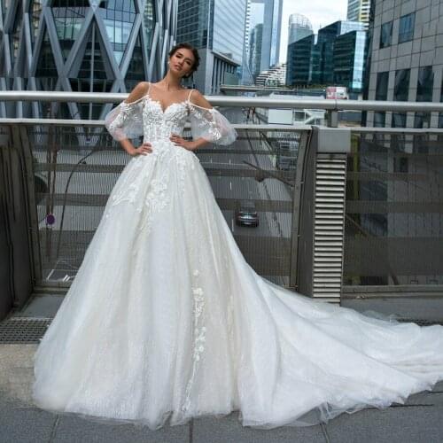 Spaghetti Straps Off the Shoulder Sequins Royal Train Wedding Dress with Lace Applique Bridal Gowns vestido de noiva