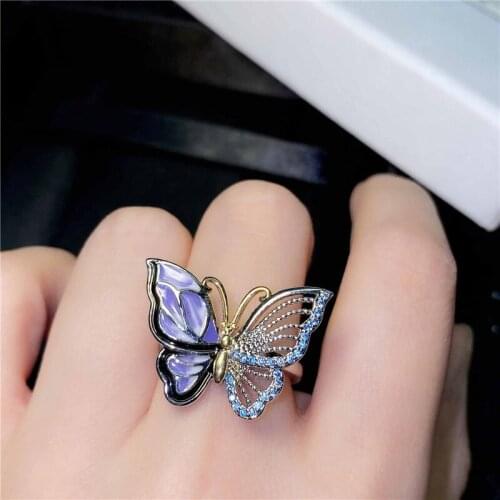 Vintage Fashion Gold Color Animal Ring Female Hollowed Enamel Ring Purple Glue Butterfly Opening Rings For Women Wedding Jewelry