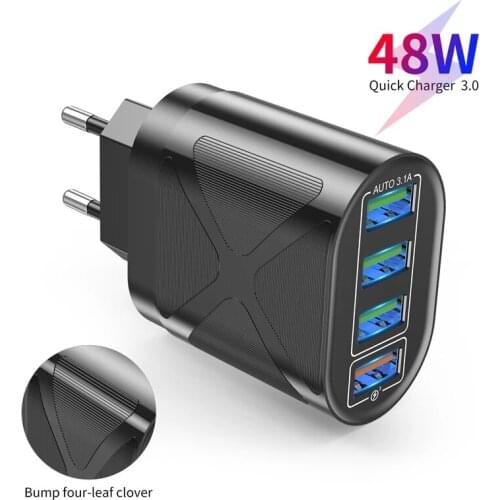 UKGO 3.1A 48W EU US UK Plug USB Charger 4 Ports Quik Charge 3.0 Mobile Phone Charger For iPhone 11 12 Samsung Xiaomi Huawei