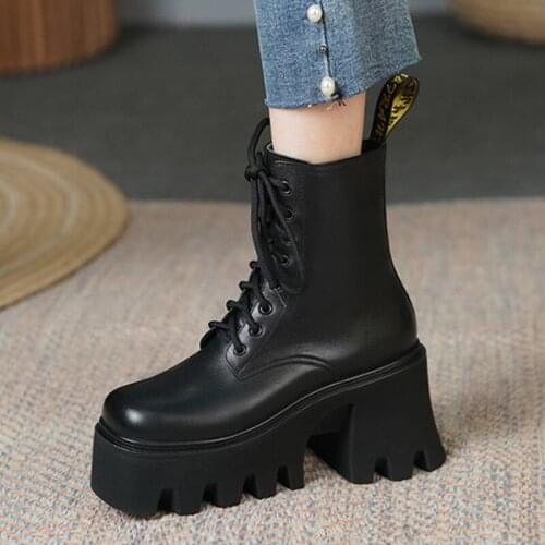 2021 Autumn Winter New Genuine Leather Women Boots Platform High Heels Shoes Women Fashion Lace Up Motorcycle Boots Punk Shoes