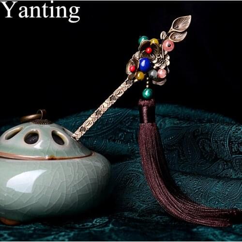 Yanting Long Brown Tassel Hair Sticks For Women Classic Palace Hair Jewelry Vintage Handmade Hairpins Female Girl Gift 038