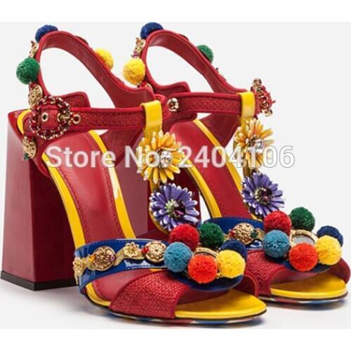 Ethnic Multicolor Jeweled Appliques Studded T-strap Gladiator Sandalias Women Runway Shoes Buckle Strap Chunky High Heel Sandals