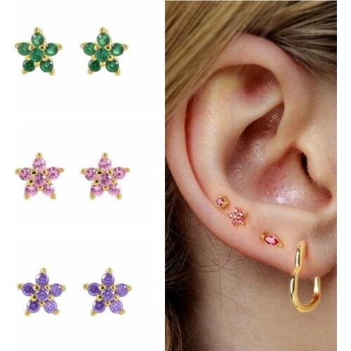 CANNER Purple Green Petals Color Diamond Snowflake Earrings For Women 925 Sterling Silver Piercing Stud Pendientes 2021 Jewelry