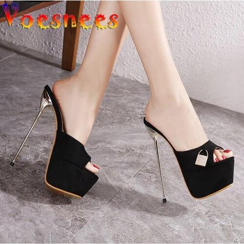 Voesnees Womens Shoes Fashion Flock Platform Slippers Lock Head Decoration 2021 Summer New Thin Heels 17cm Black Ladies Slides