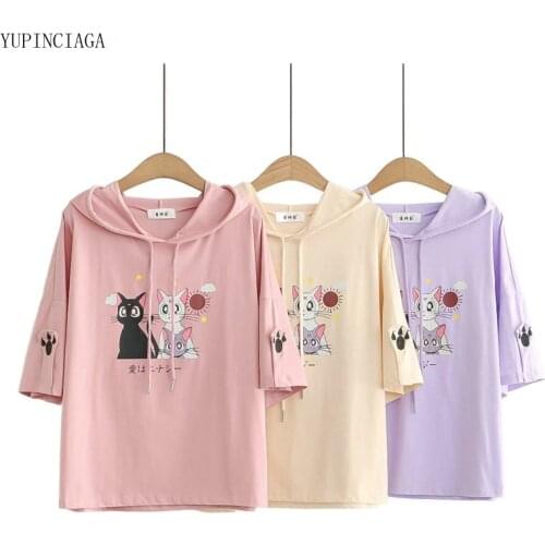 Cartoon Print Anime Cat Cute Sweet Hooded Sweatshirt 2021 Summer Harajuku Style Cotton Short Sleeve Hoodie Women Tops 0682