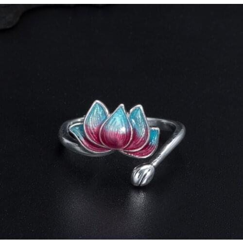 VLA 925 Sterling Silver Retro Chinese Style Blue Lotus Ring Womens Fashion Temperament Flower Ring Adjustable Jewelry