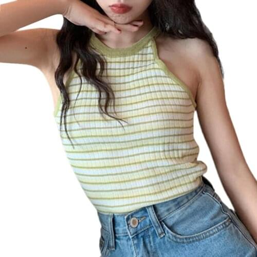 Off shoulder Summer Vest Tops Fashion Women Summer Concise Sweet All-match Sexy Striped Sleeveless Camisoles