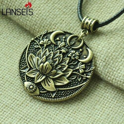 Lanseis 10pcs 3D Lotus eyes moon pendant Prettiest women lotu Mandala flower necklace Phase Lotus Meditation Yoga jewelry