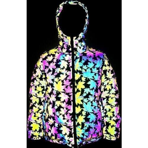 2020 Winter Fashion Colorful Reflective Thick Jackets Women Maple Leaf Reflect Light Coats Hip Hop Streetwear Clothing