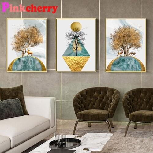 5d Diamond Painting Wall Art Luxury Golden Elk tree Nordic Room Decoration Diamond Embroidery Mosaic 3Pcs/Set
