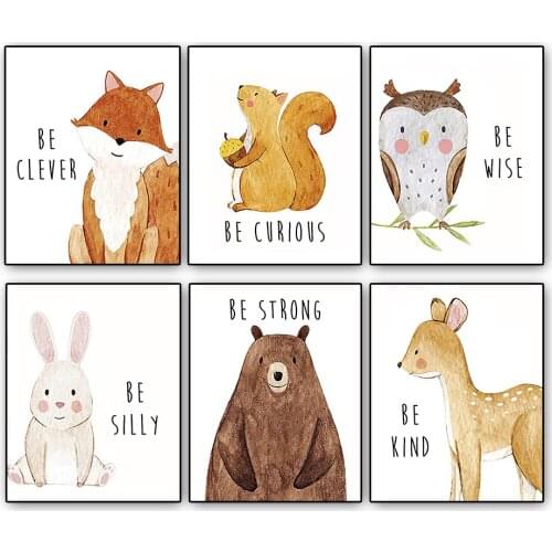 Watercolor Cartoon Animal Painting Inkjet Canvas Fox and Bunny Decorative Painting Childrens Room Bedroom Paintings Baby Room