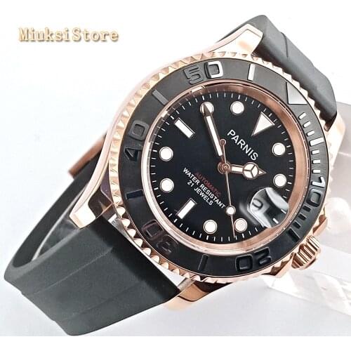 Parnis 40mm mens top luxury watch rose gold case sapphire glass ceramic bezel date window rubber strap automatic wristwatch