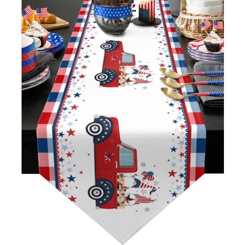 Independence Day Gnome Truck Lattice Table Runner Kitchen Dinning Table Decor Tablecloth And Placemat Wedding Table Decor