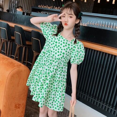 2021 Girl Dress Summer Green Floral Print Kids Dresses for Girls Cotton Children Clothing Princess Costume 4 6 8 10 12 14 Years