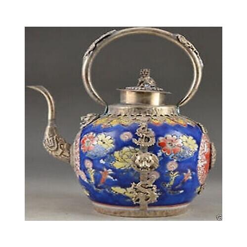 Porcelain Copper Chinese Old Handwork Carving Lion Dragon Tea Pot Garden Decoration 100% real Tibetan Silver Brass