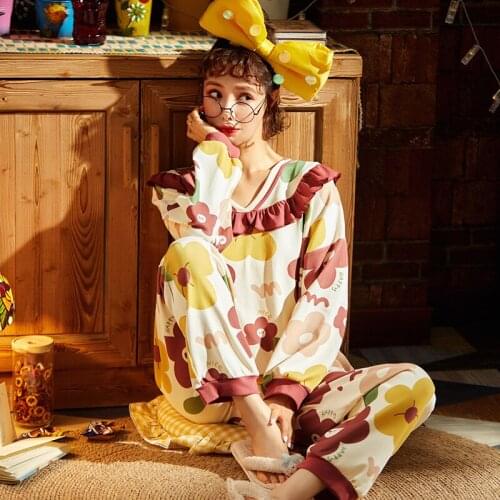Spring And Autumn Cotton Pajamas Girl Sweet Princess Wind Round Collar Full Sleeve Loose Suit