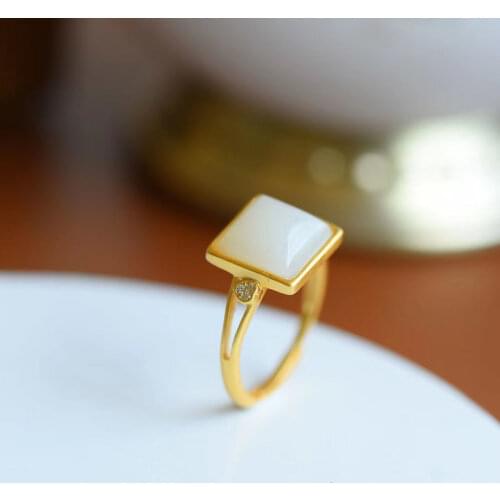 S925 Sterling Silver White Jade Love Heart-Shaped Ring Natural Hetian Jade Heart-Shaped Ring Square Retro Ornament