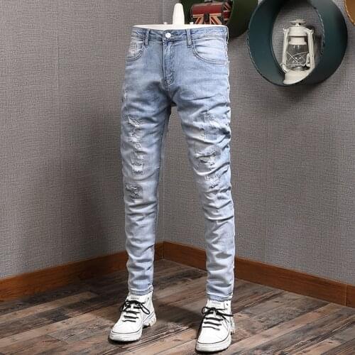 Korean Style Fashion Men Jeans Retro Light Blue Elastic Cotton Slim Fit Ripped Jeans For Men Streetwear Hip Hop Denim Pants