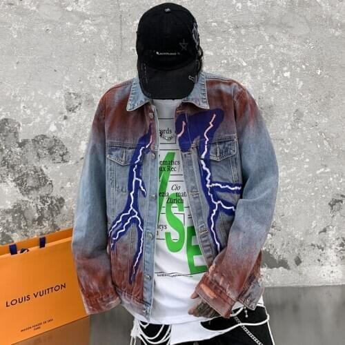 Lightning Graffiti Print Jean Jacket Men Hip Hop Streetwear Couple Denim Jacket Harajuku Mens Clothing 2020 New spring Autumn