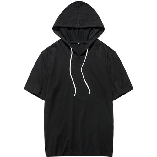 Summer Mens Cotton Hoodie Hooded Fleece Round Collar Short Sleeve Movement Pure Color T Shirt