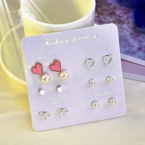 6 Pairs Earrings Set New Fashion Rhinestone Crystal Pearl Earrings Female Ear Stud Jewelry Wedding Earrings For Women