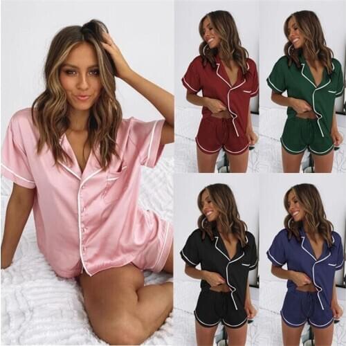 2021 New Sleepwear Women Faux Silk Satin Pajama Set Nightwear Short Sleeve Shorts Suit Pajamas Home Set Women Sleeping Home Wear