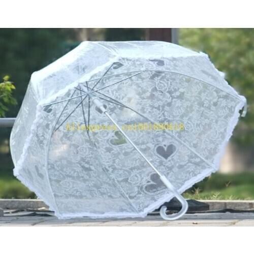 50pcs/lot Free Shipping Transparent White Lace Umbrella Parasol Long-handled Cute Princess Fishing Women Umbrella Rain