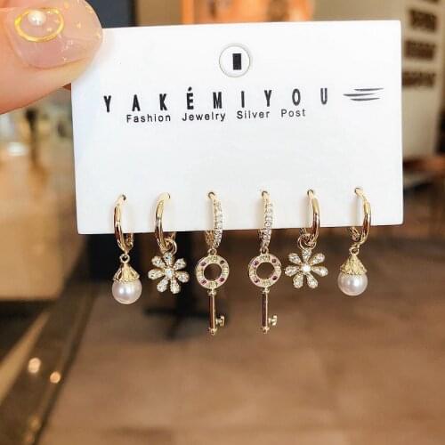 New Cute Zircon Pearl Key Flower 6-piece Pendant Earring Korean Style Small Hoop Earrings Sets For Women Jewelry 2021