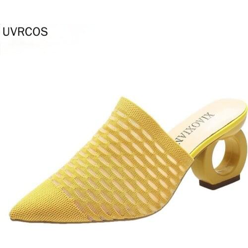 7cm Fretwork Heels Pointed Toe Slippers Women Shoes Stretch Fabric Air Mesh Mules Flip Flop Slip On Slides Plus Size 43