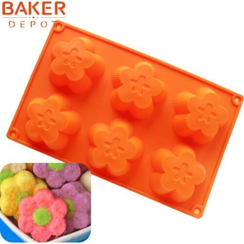 BAKER DEPOT silicone cake mould flower shape soap pudding form biscuit Jelly ice molds handmade soap cupcake baking tool 6 holes