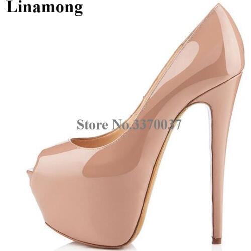 Brand Design Women Fashion Peep Toe Patent Leather High Platform Pumps Nude Black Shin 16cm High Heels Formal Dress Shoes