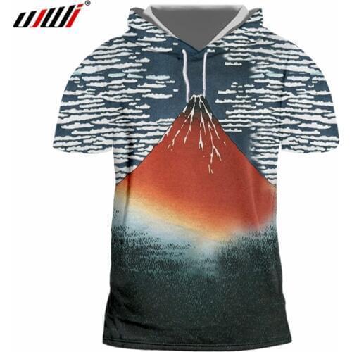UJWI 2018 Japan Ukiyo-e Man Stripes Hooded Tshirt 3D Red Volcano Printed Tee Shirt Harajuku Mens Fashion Casual T-shirt