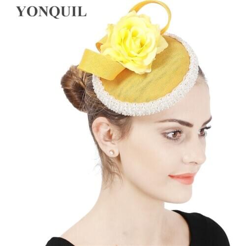 Elegant Bride Wedding Millinery Cap Yellow Fascinator Hats Women Formal Party Dinner Headpiece With Hair Clips Marriage Chapeau