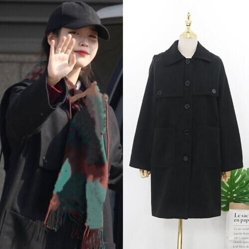 Kpop IU Lee Ji Eun Korean Women Winter fashion Lapel Button Long Windbreaker Jacket Lady British Style Loose Solid Warm Trench
