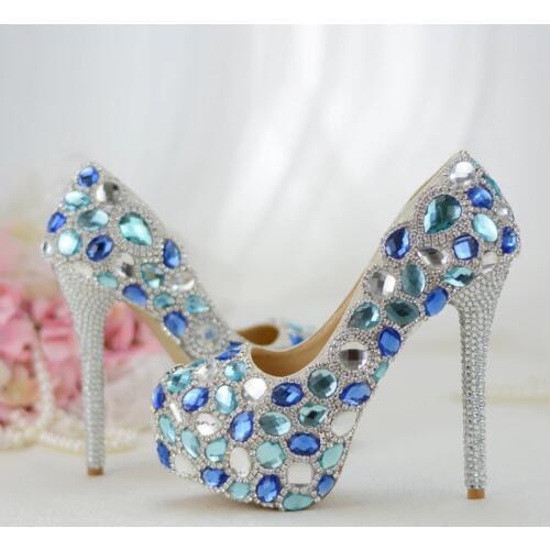 Womens wedding shoes Bride High shoes Blue crystal Handmade Party dress shoes Thin heel Pumps Ladies stage fashion shoes female