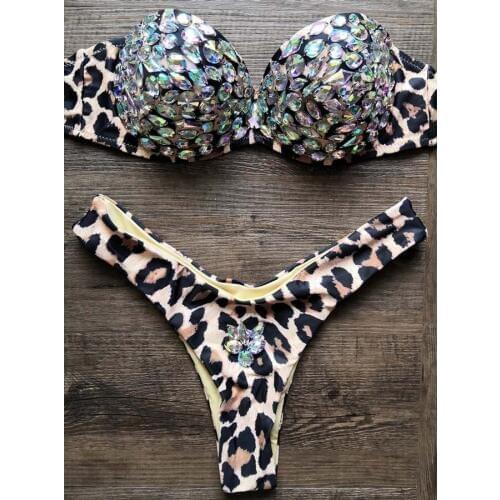 2021 Sexy Rhinestone Bikinis Women Swimwear Push Up Leopard Swimsuit Women Bikini Diamond Luxury Bathing Suit Bandeau Beach Wear