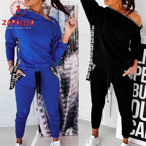 Women Autumn 2 Piece Outfit Irregular Collar Design Zipper Pockets Decor Long Sleeve Top+Drawstring Waist Slim Casual Trousers