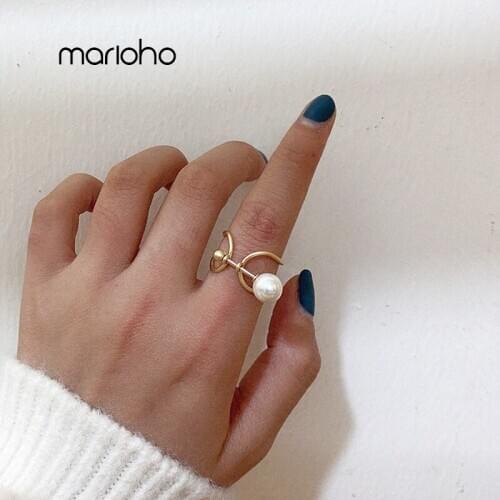 Fashion Gold Silver Color Metal Pearl Double Layer Hollow Opening Finger Ring Adjustable Korean Alloy Rings Party Jewelry Women
