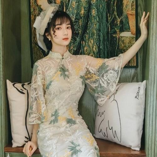 Lace Embroidery Cheongsam Dress for Women National Style High-Waisted Cheongsam Qipao Modified Dress for Girl Spring and Summer